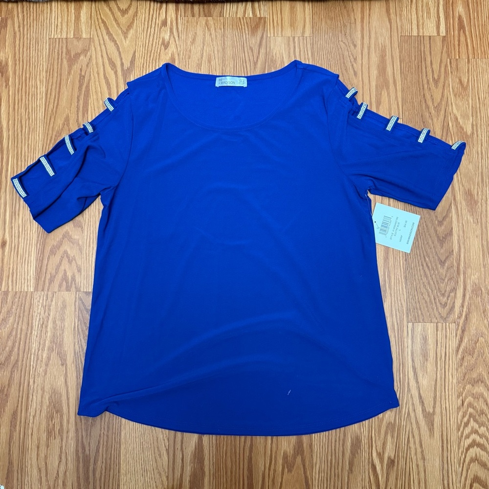 NWT Royal Blue Cold Shoulder Top Short Sleeve Trendy Chic Blouse Size LG